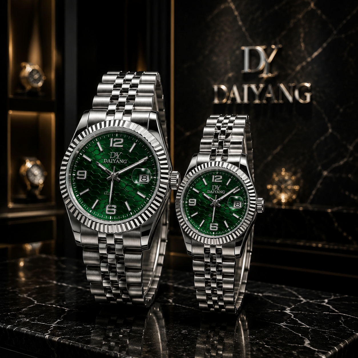 ست ساعت زوج DAIYANG – صفحه سبز زمردی با بند جوبیلی استیل