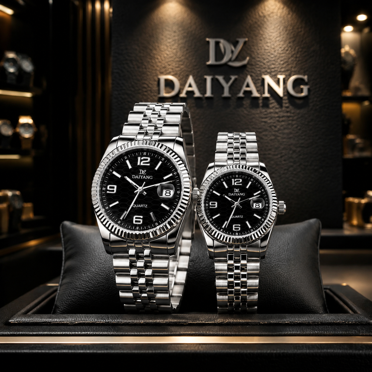 ست ساعت زوج DAIYANG صفحه مشکی کلاسیک با بند جوبیلی استیل