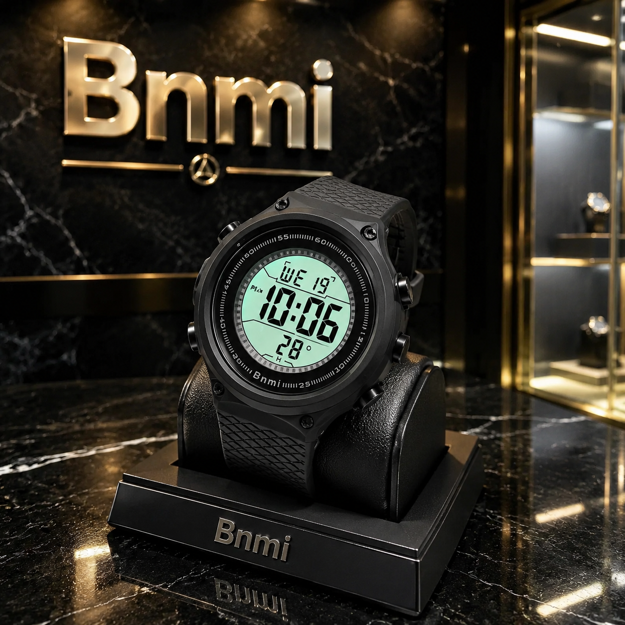 ساعت دیجیتال Bnmi با بدنه مشکی مات و بند سیلیکونی پوست ماری ضد آب