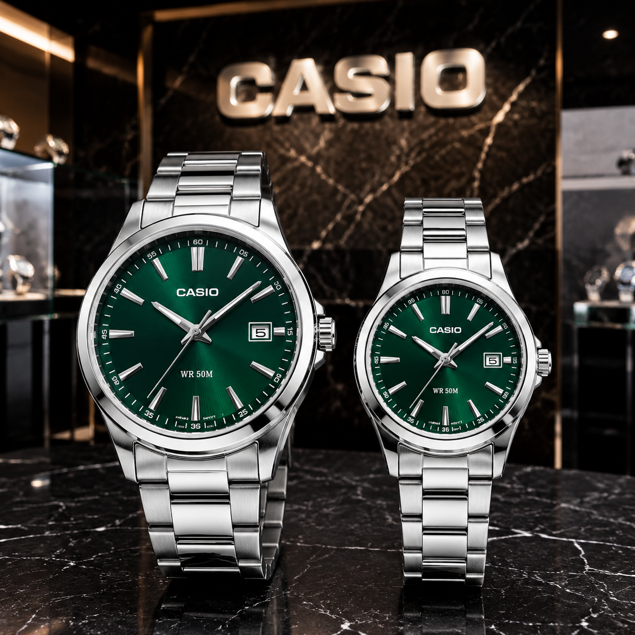 ست ساعت‌های زوجی CASIO با صفحه سبز زمردی سان‌برست، قاب و بند استیل نقره‌ای و طراحی کلاسیک سه‌عقربه‌ای