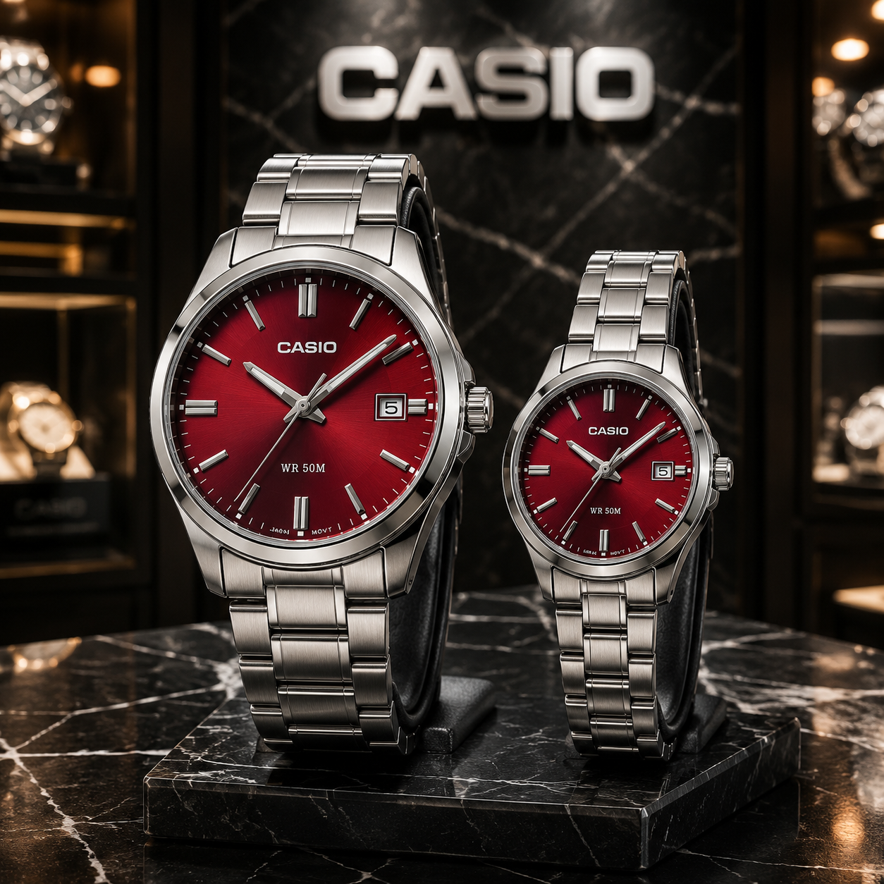 ست ساعت‌های زوجی CASIO با صفحه قرمز جیگری سان‌برست، قاب و بند استیل نقره‌ای و طراحی کلاسیک سه‌عقربه‌ای