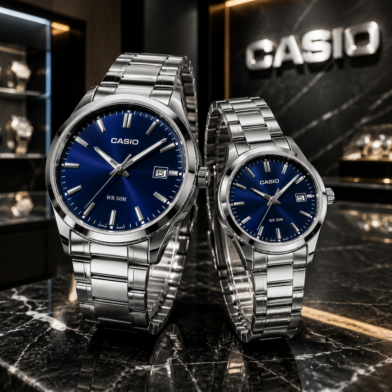 ست ساعت‌های زوجی CASIO با صفحه سورمه ای سان‌برست، قاب و بند استیل نقره‌ای و طراحی کلاسیک سه‌عقربه‌ای