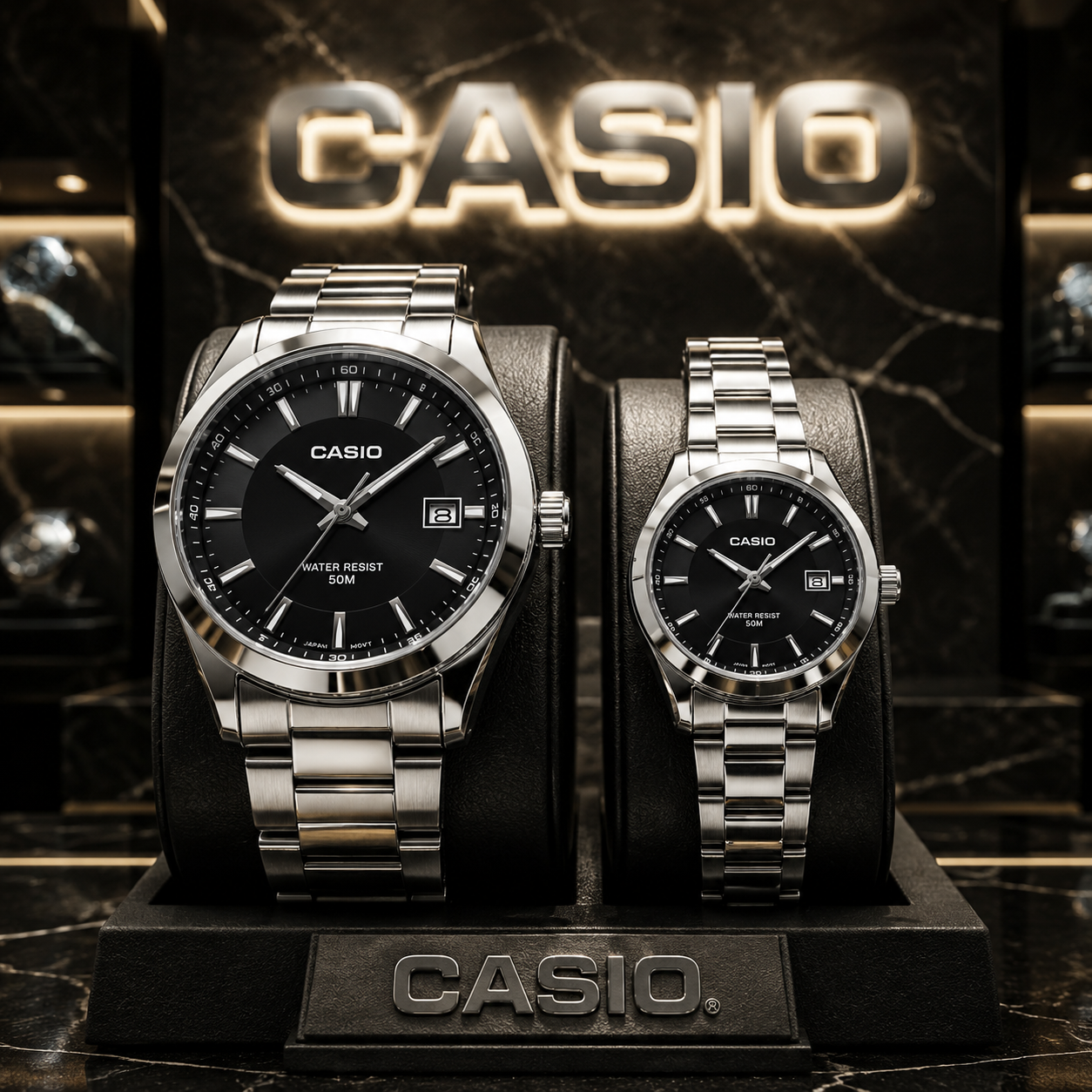 ست ساعت‌های زوجی CASIO با مشکی کاستوم سان‌برست، قاب و بند استیل نقره‌ای و طراحی کلاسیک سه‌عقربه‌ای