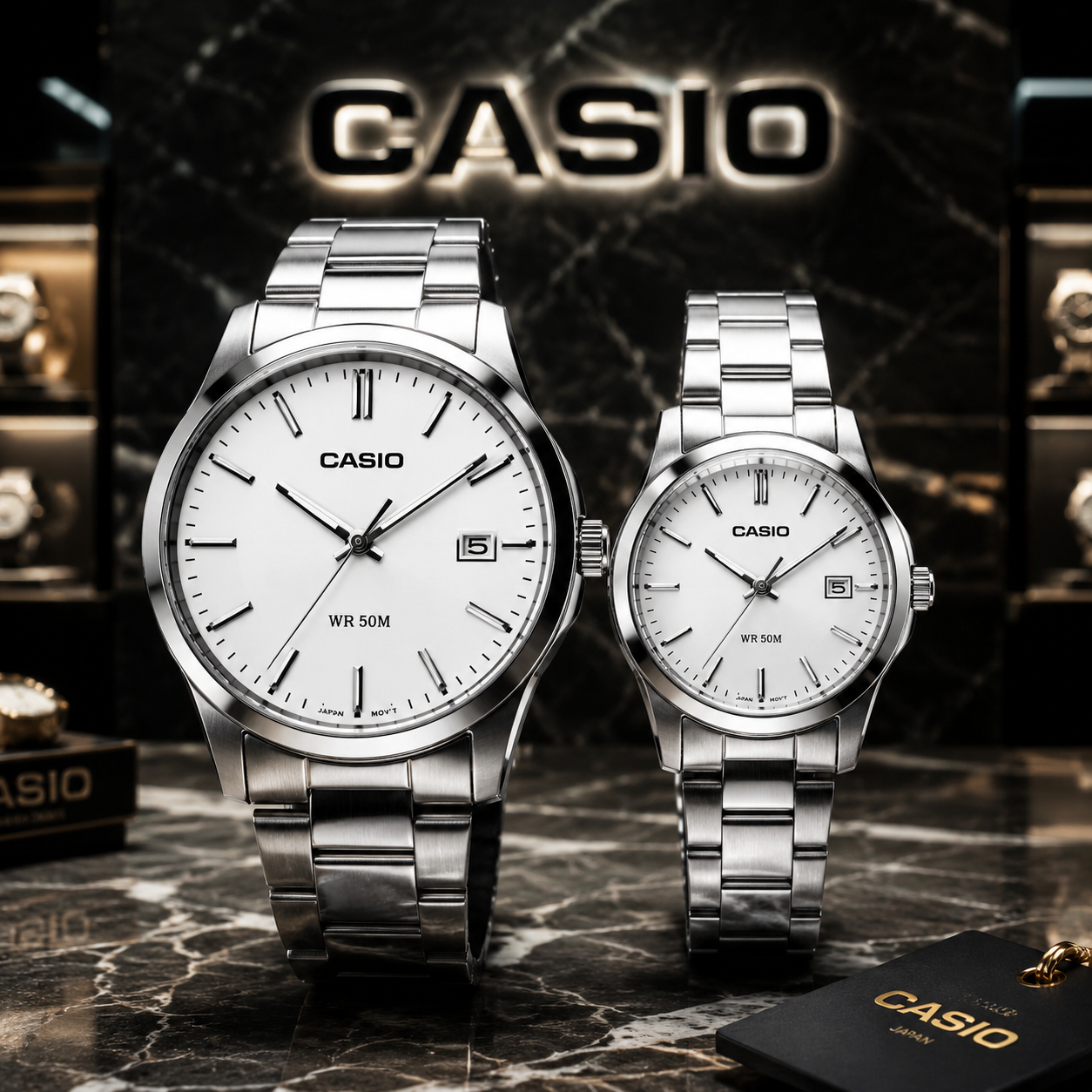 ست ساعت‌های زوجی CASIO با صفحه سفید مات سان‌برست، قاب و بند استیل نقره‌ای و طراحی کلاسیک سه‌عقربه‌ای