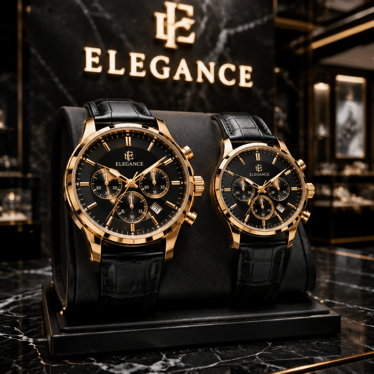 ست ساعت مچی زوجی Elegance مدل Luxury Chronograph - بدنه طلایی با بند چرمی مشکی صفحه مشکی کلاسیک