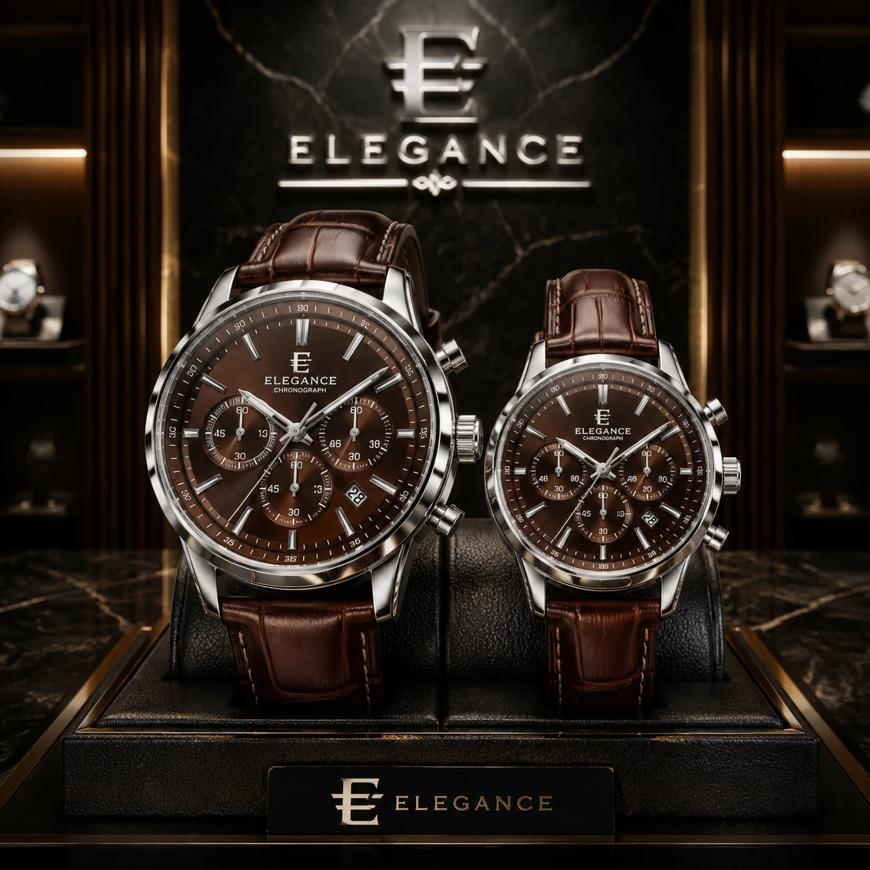 ست ساعت مچی زوجی Elegance مدل Luxury Chronograph - بدنه نقره‌ای با بند چرم قهوه‌ای