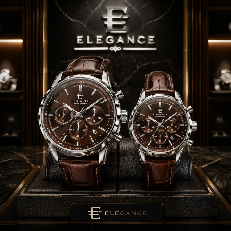ست ساعت مچی زوجی Elegance مدل Luxury Chronograph - بدنه نقرهای با بند چرم قهوهای