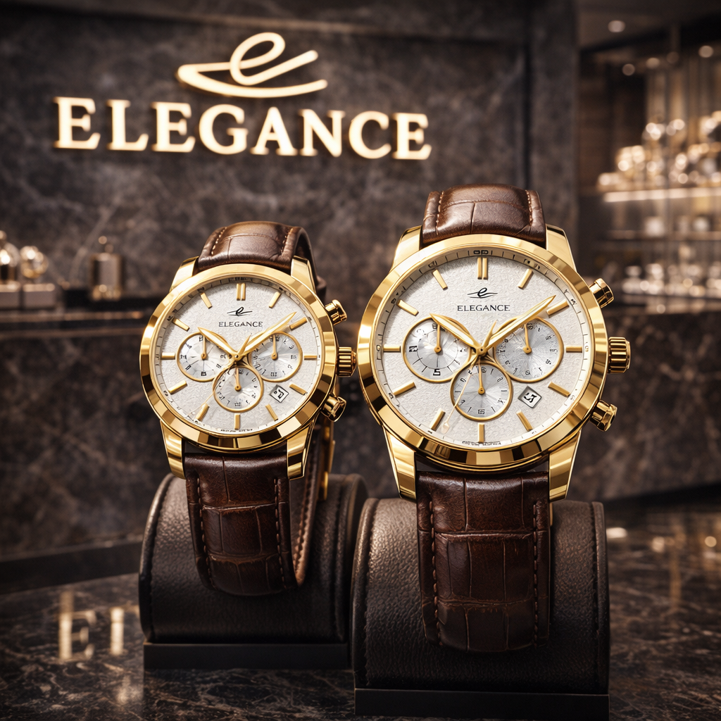 ست ساعت مچی زوجی Elegance مدل Luxury Chronograph - بدنه طلایی با بند چرم قهوه‌ای روشن