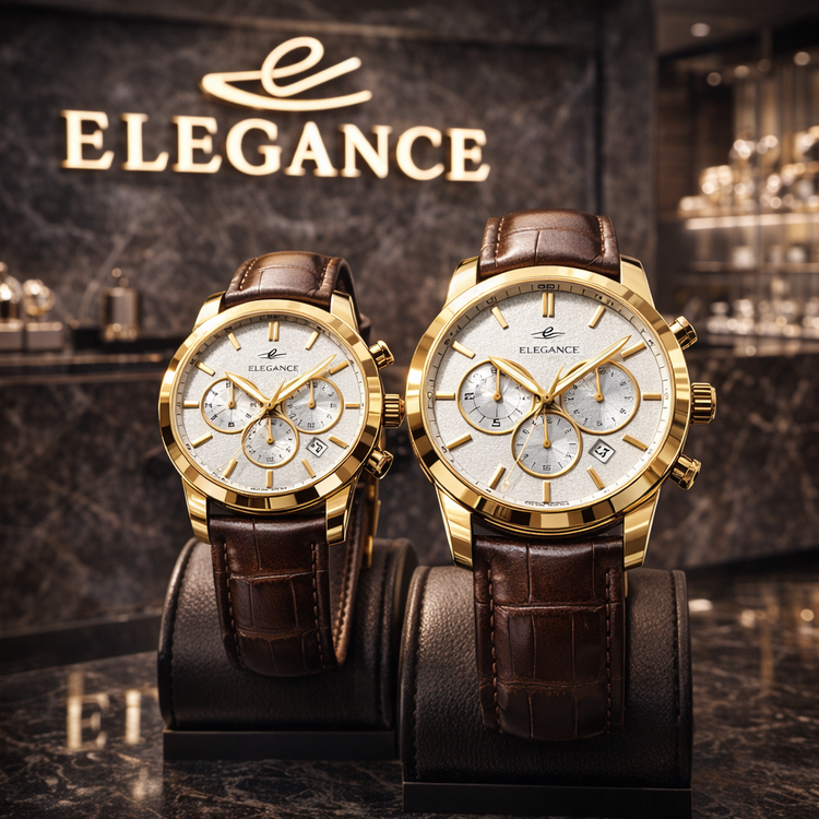 ست ساعت مچی زوجی Elegance مدل Luxury Chronograph - بدنه طلایی با بند چرم قهوهای روشن