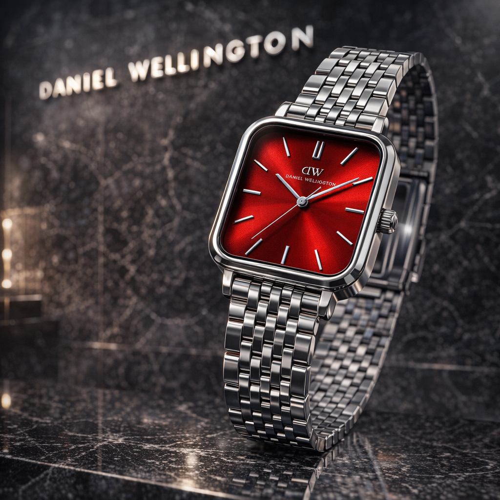 ساعت مچی زنانه دانیال ولینگتون (Daniel Wellington) مدل Quadro - قاب مربعی با صفحه قرمز یاقوتی و بند استیل نقره‌ای