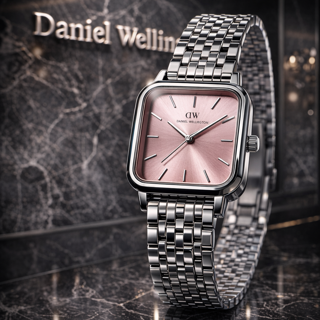 ساعت مچی زنانه دانیال ولینگتون (Daniel Wellington) مدل Quadro - قاب مربعی با صفحه صورتی یواش و بند استیل نقره‌ای